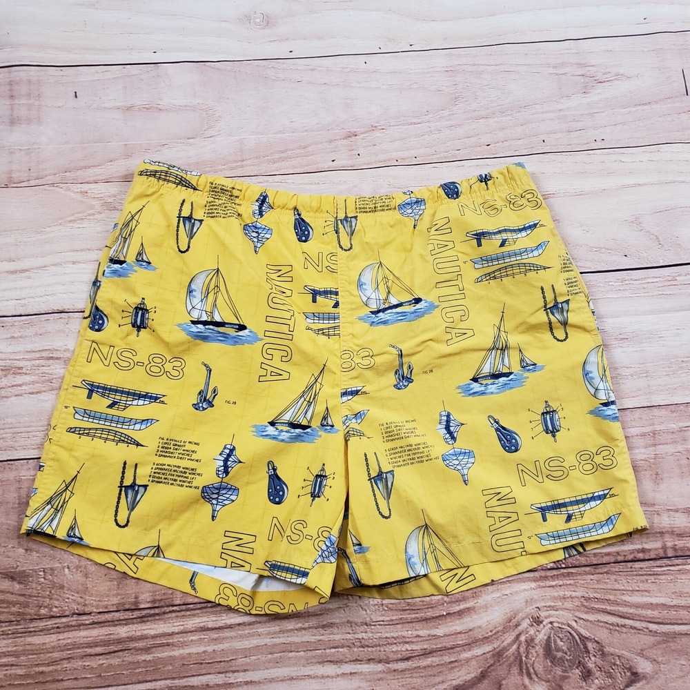 VINTAGE Nautica Swim Trunks‎ Mens Large Yellow Blue Short Sail Boats Adult 90s